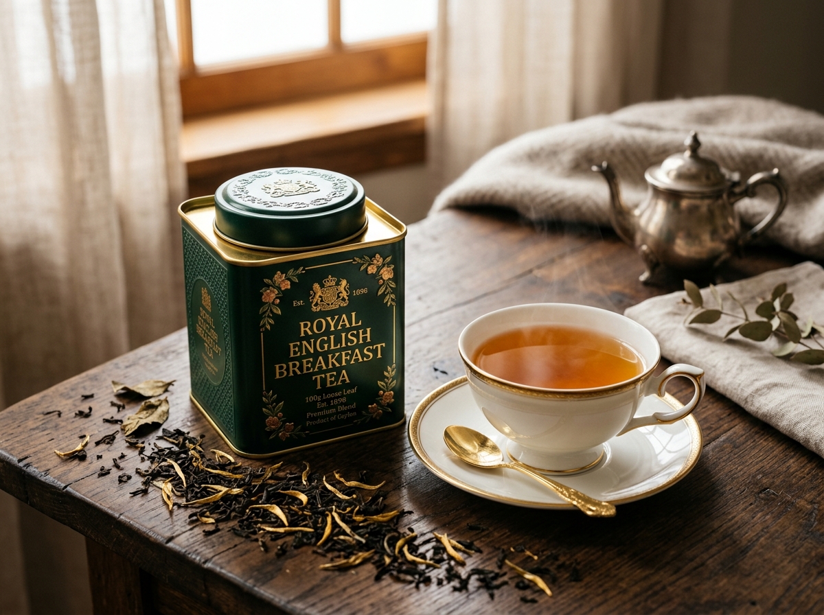 Royal Ceylon English Breakfast tea blend tin and steaming cup