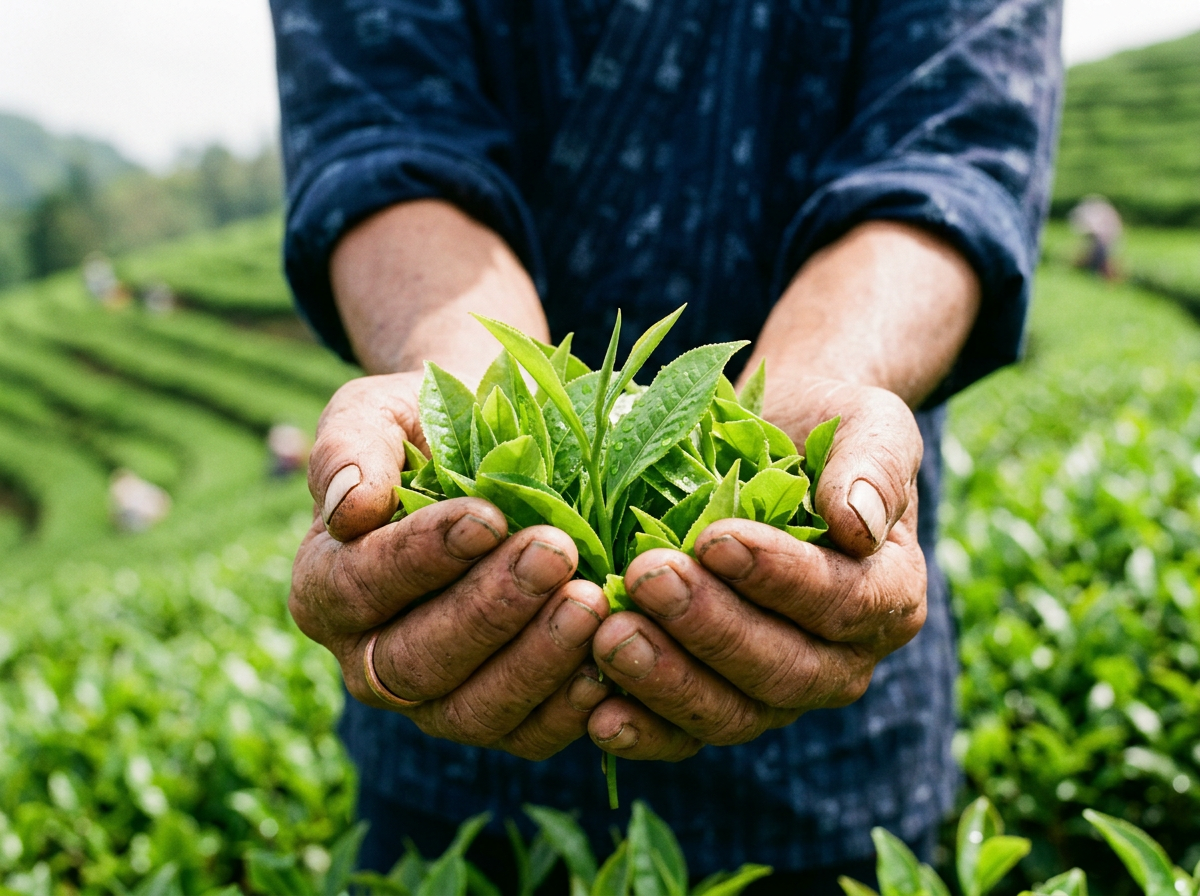 Hands holding freshly plucked tea leaves