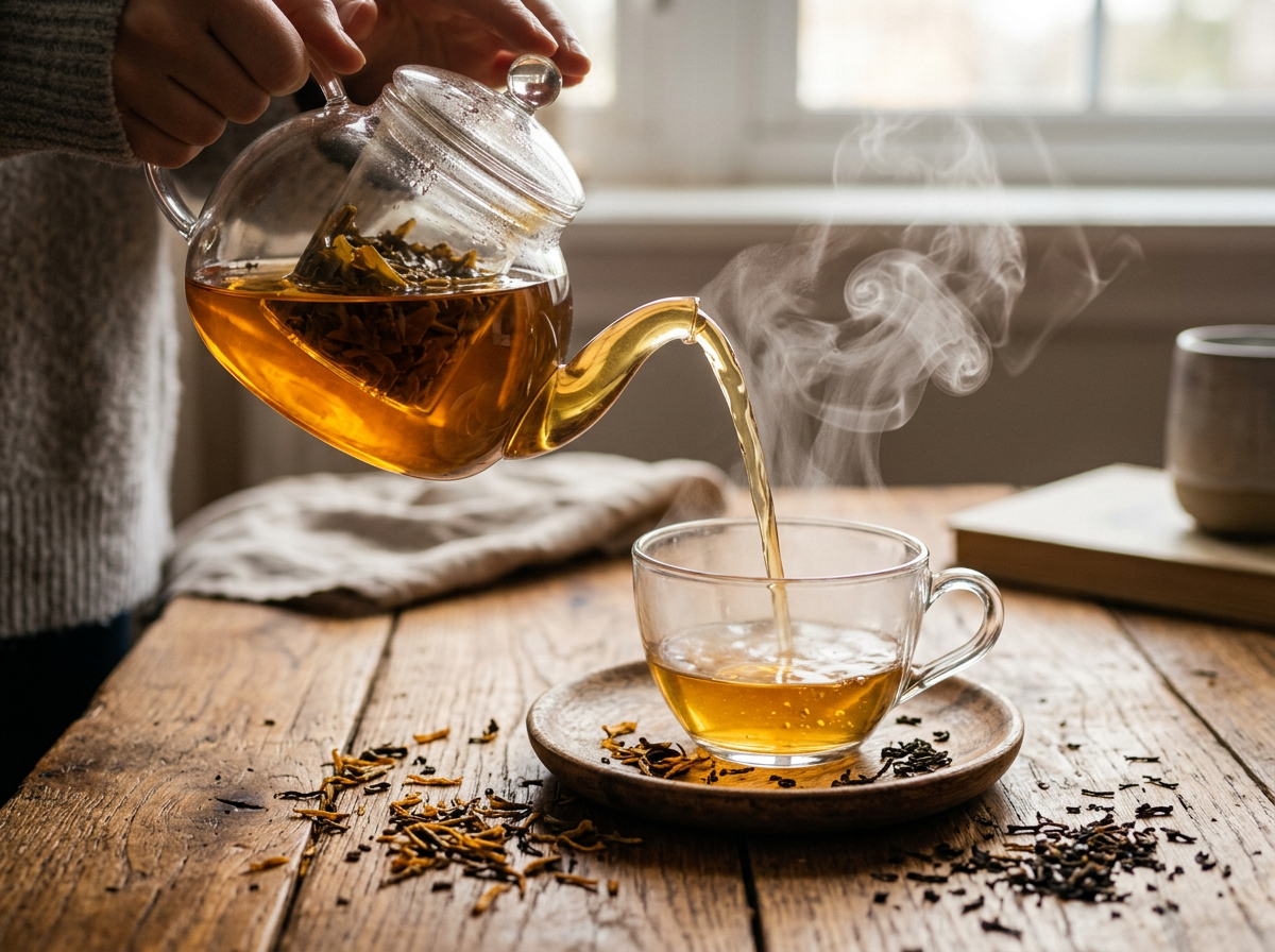Pouring a freshly brewed cup of Ceylon tea