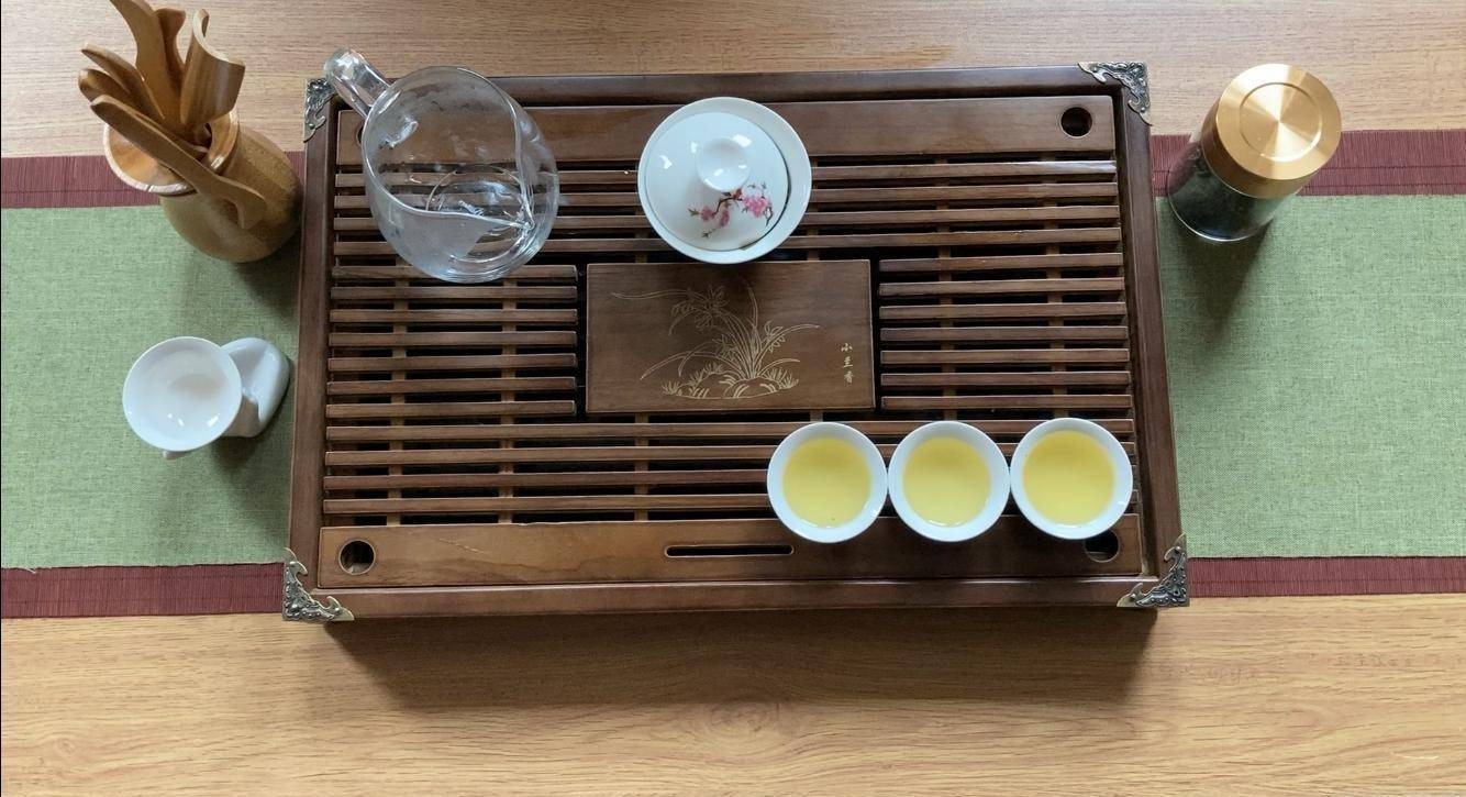 Zen bamboo tea ceremony drainage tray with slide out basin
